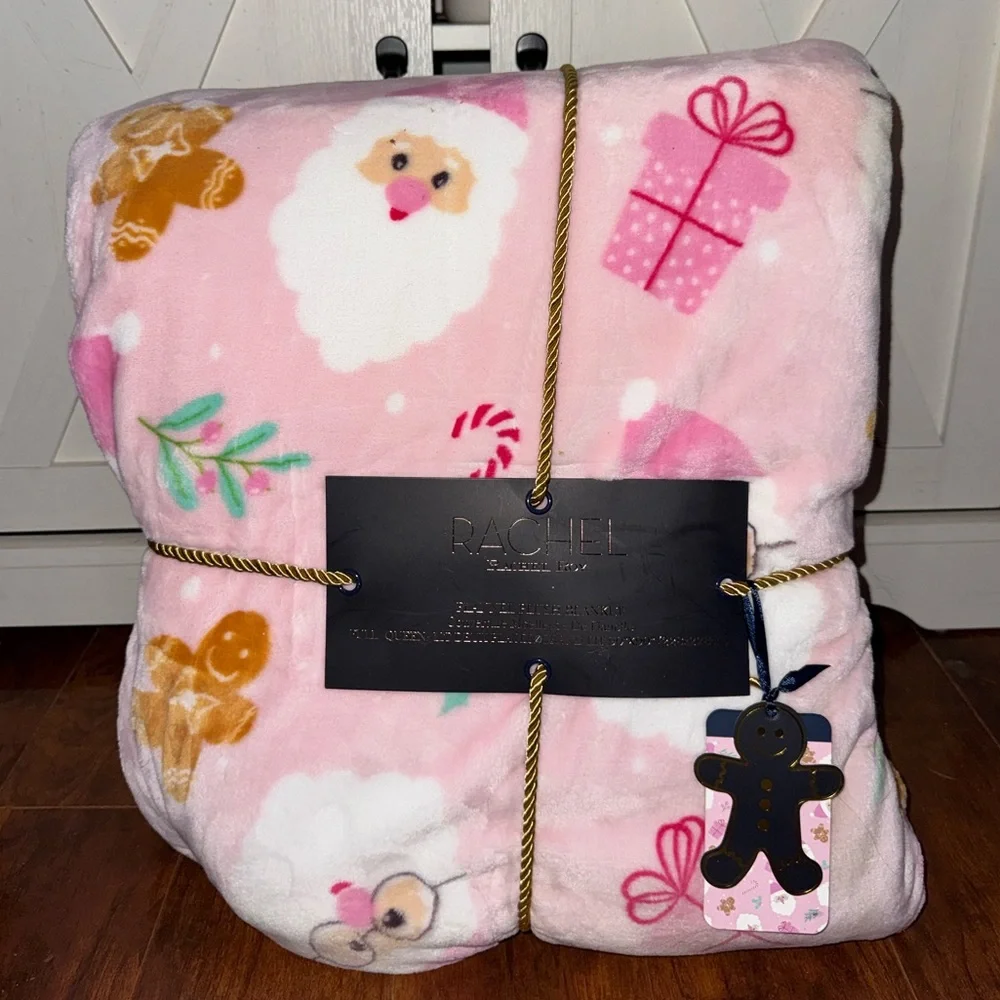 Rachel Roy Pink Gingerbread & Santa Christmas Queen Plush Throw Blanket